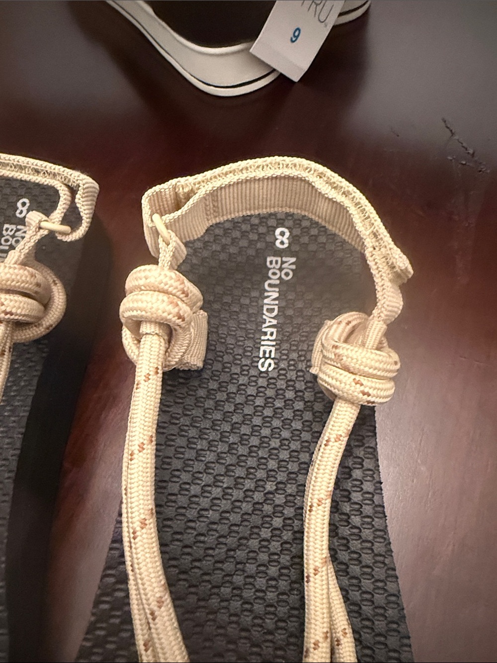 No Boundaries Beige Rope-Knot Slide Sandals with Black Footbed